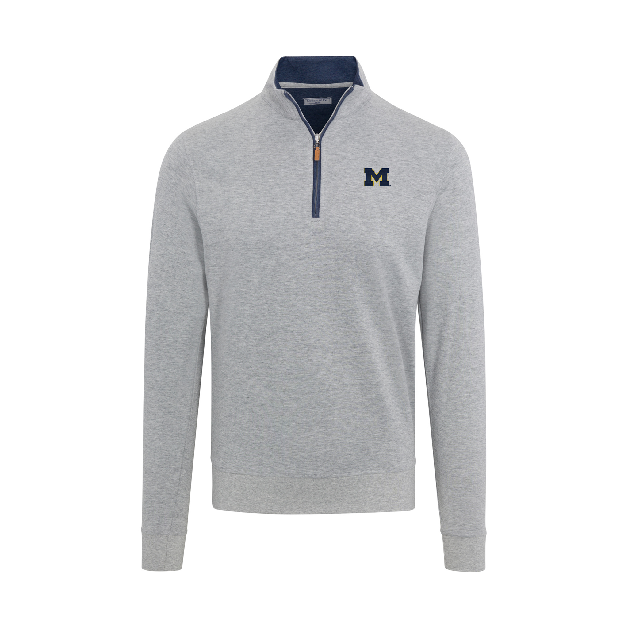 Michigan Heather Cloud Cotton Quarter Zip Pullover Light Grey with Navy Trim